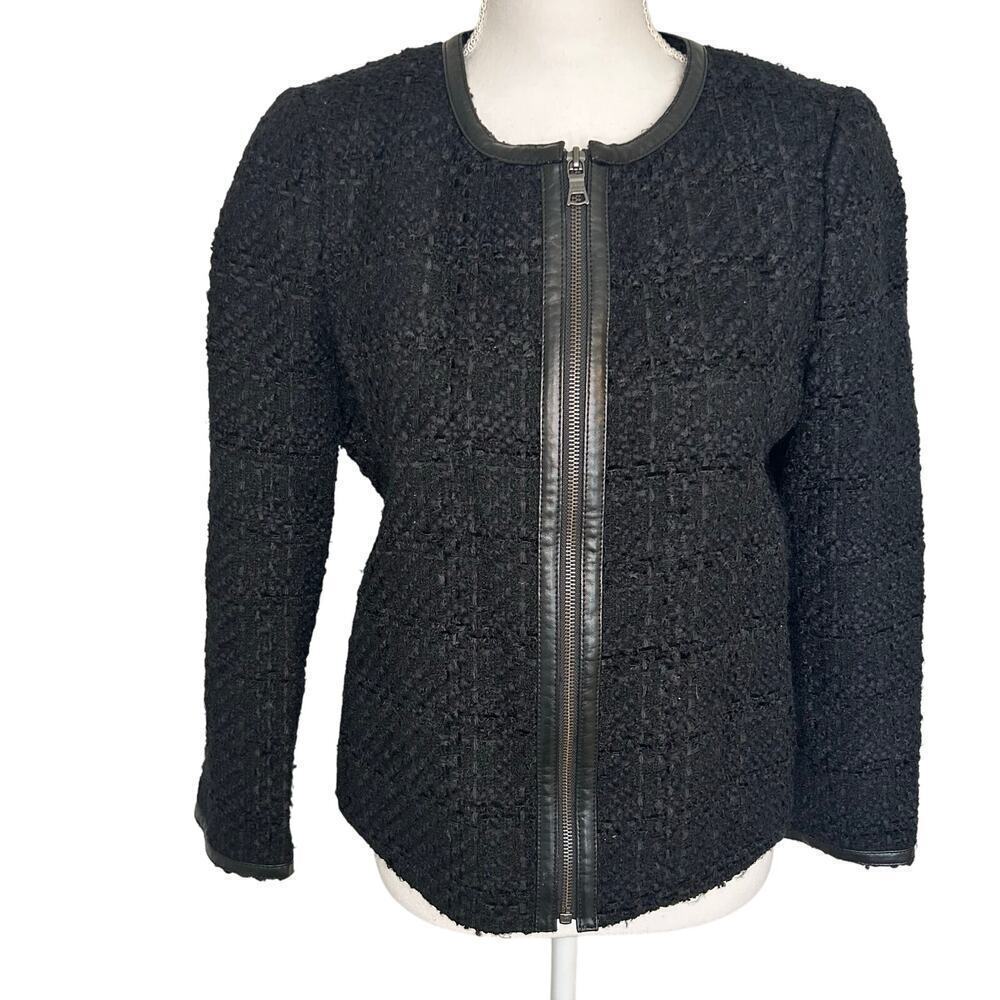 Banana Republic black boucle wool blend collarless zip jacket lined size 8